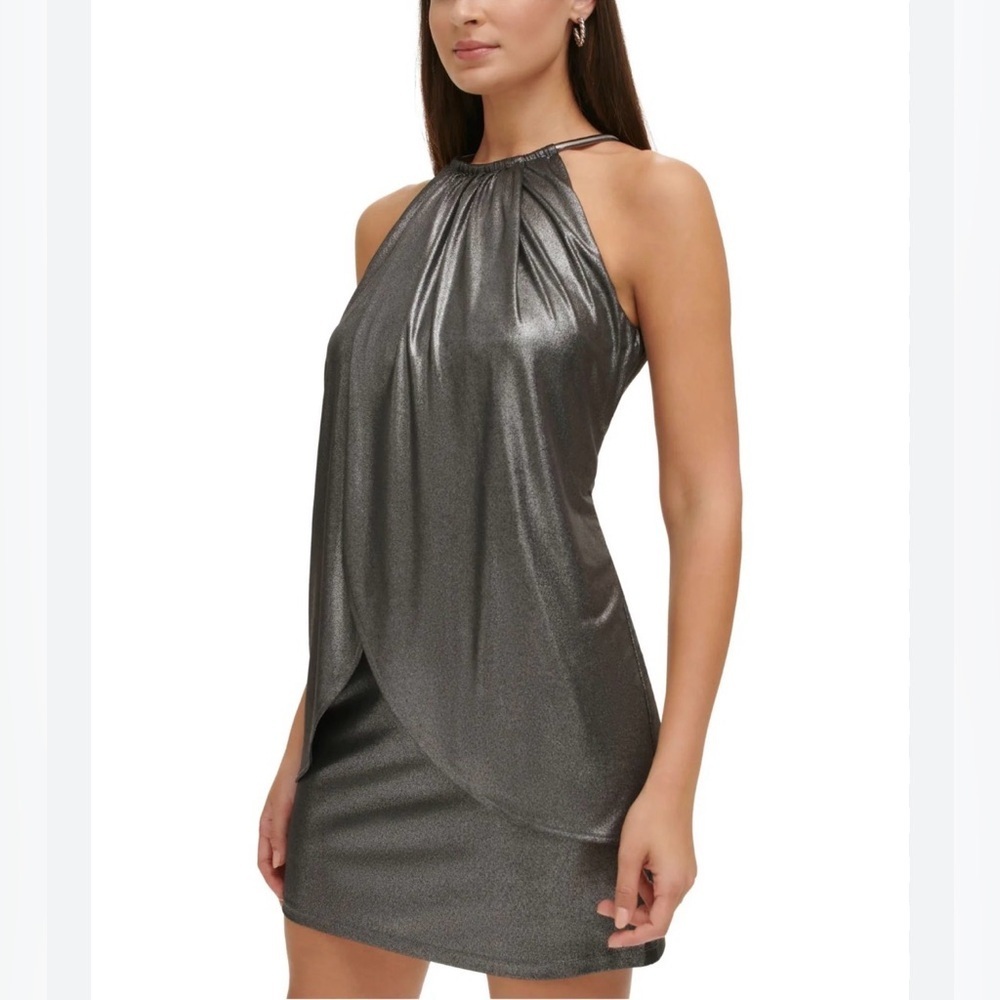 KENSIE Ruched Drape Metallic Hardware Sleeveless Halter Cocktail Sheath Dress 12